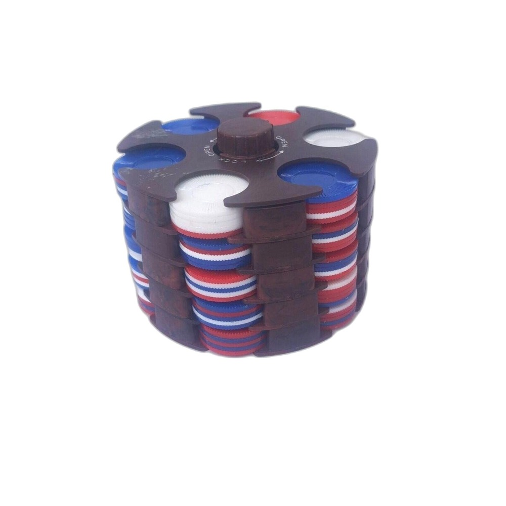 Vintage Arrco Stack-A-Matic Poker Chip Set 150 Chips‎ 5 Racks Brown Carousel Box